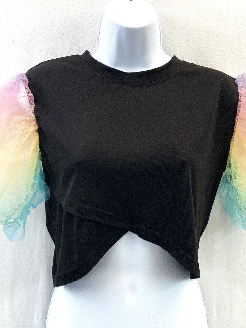 Womens Rainbow Colored Mesh Poof Sleeve Crop Top - Size S